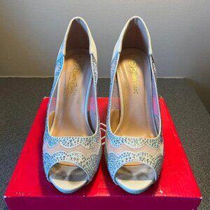 Dream Pairs White Glitter Studded Peep Toe Pumps Heels sz 7